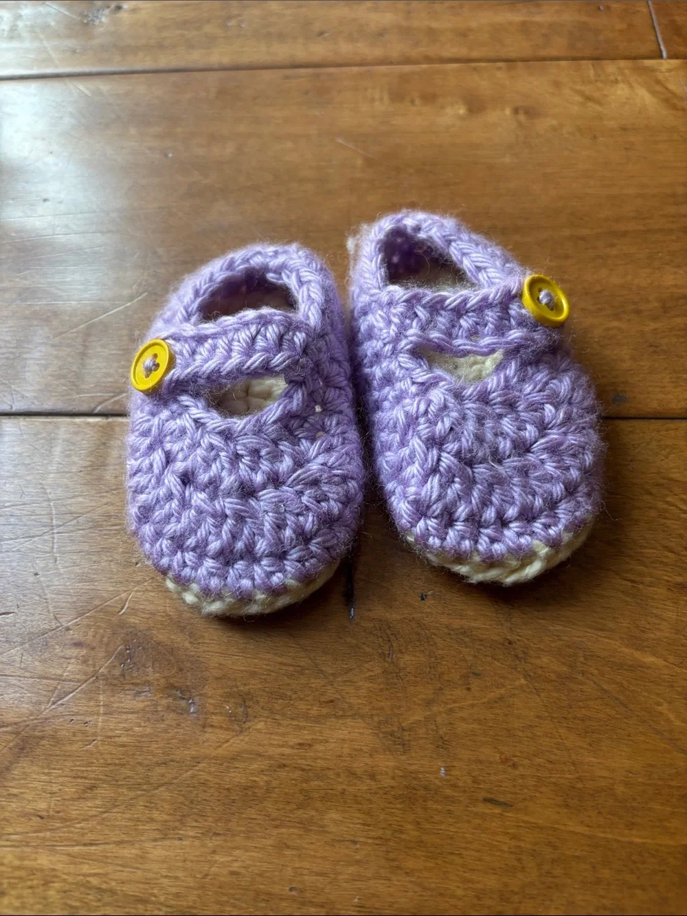 Handmade Lavender Crochet Baby Mary Jane Booties with Yellow Button